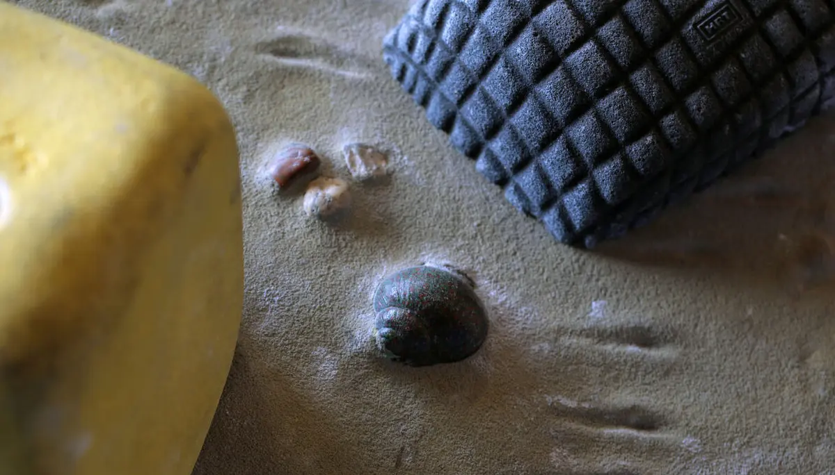 Detailaufnahme einer strukturierten Kletterwand mit eingebettenen Kieseln, Schneckenhäuschen und zwei Griffen | © DAV Sektion Hohenstaufen Göppingen / Kletterstube