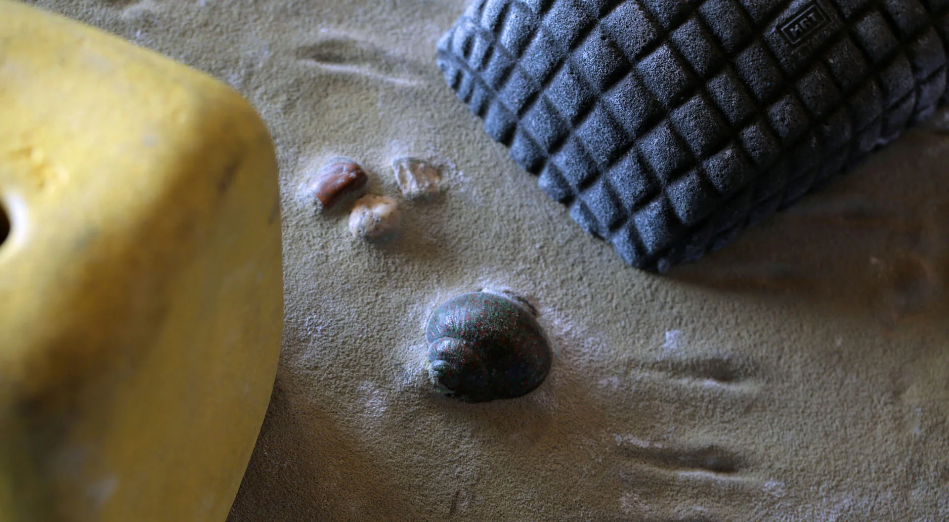 Detailaufnahme einer strukturierten Kletterwand mit eingebettenen Kieseln, Schneckenhäuschen und zwei Griffen | © DAV Sektion Hohenstaufen Göppingen / Kletterstube